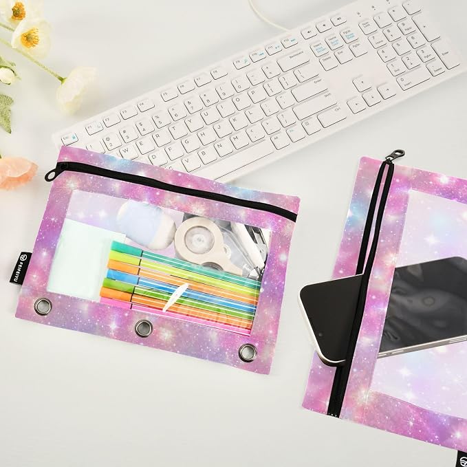 Binder Pencil Pouches, Pink Sky with Stars Pencil Case with Clear Window 3 Rings Pen Case Holder Office Supplies