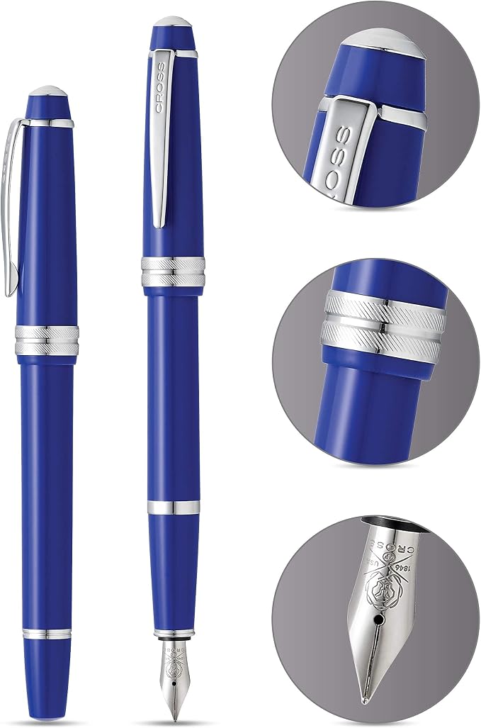 Cross Bailey Light Polished Blue Resin Fine Nib Fountain Pen - Professional Pen for Effortless Writing - Journaling, Note-Taking & More - Black Ink - Easy Handling - Includes Gift Box
