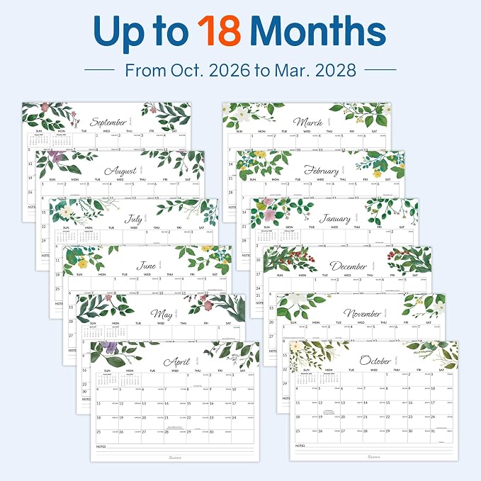 SUNEE Desk Calendar 2026-2027 3 Packs - 18 Month Calendar Oct 2026 - Mar 2028, 17" x 12" Desktop Calendar with Notes, for Planning, Organizing in Family, School or Office - Greenery 2026-2027 Calendar