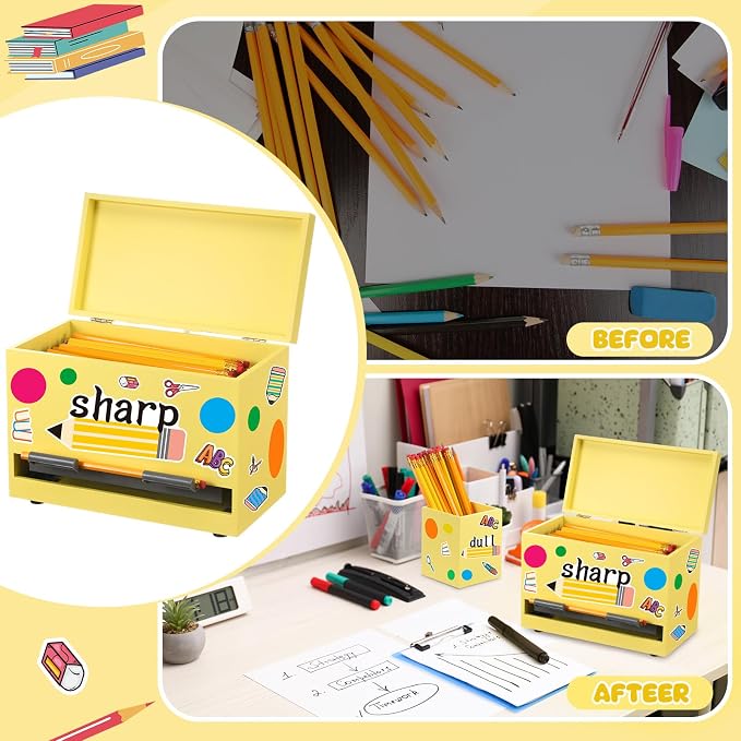 Mifoci 8 Pcs Wooden Pencil Dispenser Kit for Classroom Wooden Pen Holder Straw Dispenser Sharp and Dull Letter Stickers for Teachers Classroom Supplies Storage (Yellow)
