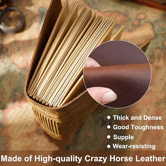 Acidea Leather Journal Notebook, Embossed Genuine Leather Journals for Writing, 200 Sheets (400Pages) Antique Blank Kraft Paper Diary, Vintage Sketchbook for Man Women Gifts (Dark Brown, 7.5”x 5.5”)