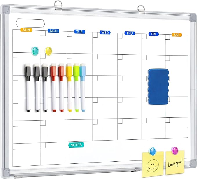 White Board Calendar Dry Erase for Wall, 24" x 18" Aluminum Frame | Magnetic Monthly Planner Board, Wall Mounted or Hanging. Calendar Design Suitable for Daily Planning of Home, Office, Class