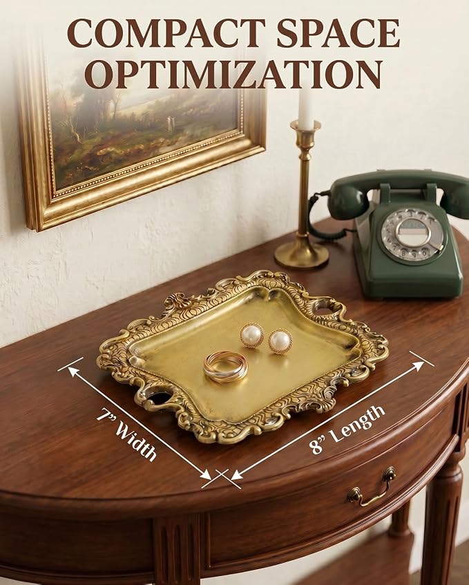 8x7 inch Vintage Gold Jewelry Tray, Middle Decorative Trinket Dish | Rings and Perfume Organizer for Vanity, Elegant Baroque Style Accessory for Wedding Detail Photography