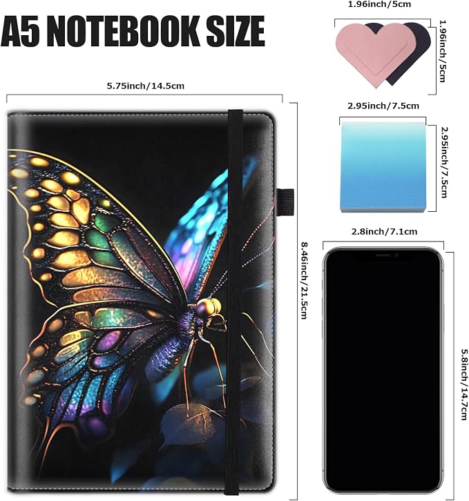 Hardcover Executive Notebooks, A5 PU Leather Lined Journal Notebook, 200 Pages Thick Paper Subject Notebooks for School,Work,Home Writing Business Notebook, Diary Book, Colorful Butterflies
