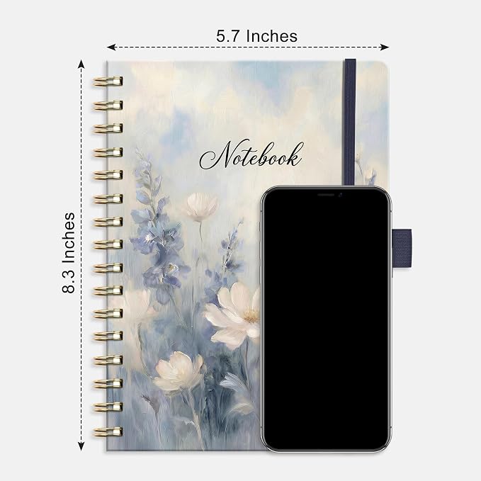AHGXG Spiral Journal Notebook, 160 Lined Pages, A5 Size (5.7'' x 8.3'') | for Women, Journaling, Writing, Work & Office, Hardcover, 100 GSM Thick Paper (Soft Blue Floral)