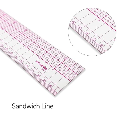 KEARING 24" 60cm Graph Ruler with Protractor - Dual Pattern Grading Tool | Clear 1.2mm flexible plastic grid ruler with zero centering scale and protractor. Sandwich line printings never rub off