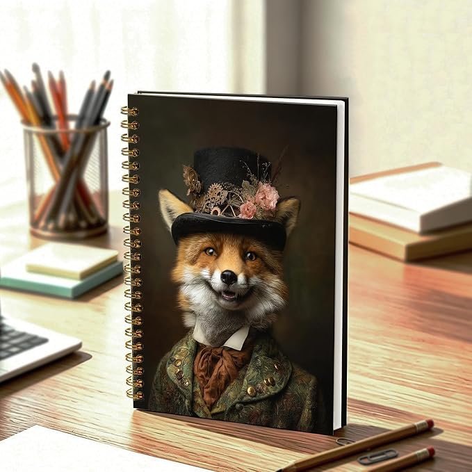 HOXUNQINA Vintage Renaissance Gentleman Fox Journal Notebook 5.5x8.3 | Fox Lover Gifts Journal for Women Men, Whimsical Animal Portrait Aesthetic Notebooks for Work