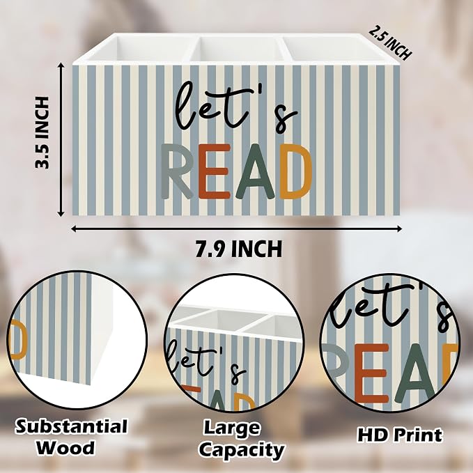 Reading Room Decor Pen Pencil Holder Organizer for Desk, Let's Read Boho Classroom Wooden Box Signs Decorations for Reading Corner Nook Room Library Desk Tabletop, Book Lover Reader Gifts