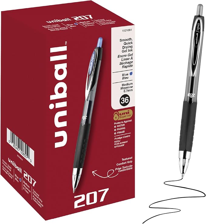 uniball™ 207 Gel Pens, Blue Ink, 0.7mm Medium Point, Retractable, 36 Count, Smooth Writing, Fraud-Resistant, uni Super Ink™