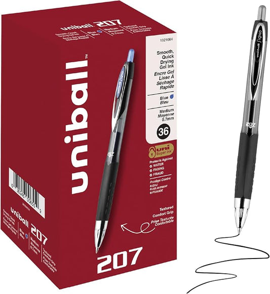 uniball™ 207 Gel Pens, Blue Ink, 0.7mm Medium Point, Retractable, 36 Count, Smooth Writing, Fraud-Resistant, uni Super Ink™