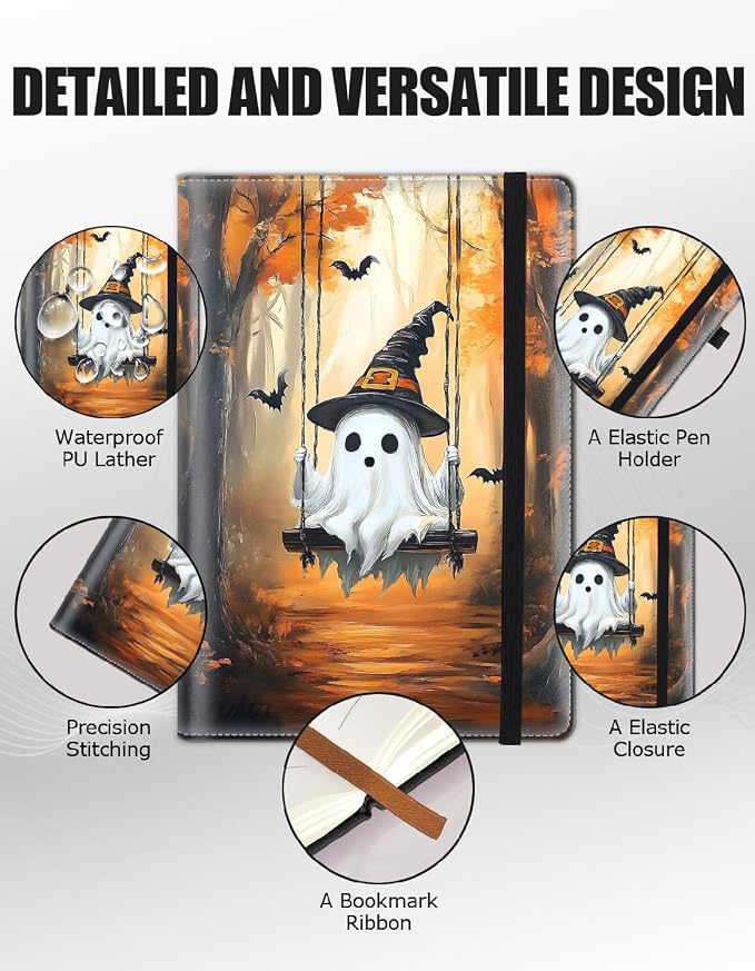 Hardcover Executive Notebooks, A5 PU Leather Lined Journal Notebook, 200 Pages Thick Paper Subject Notebooks for School,Work,Home Writing Business Notebook, Diary Book ，Ghost on The Swing