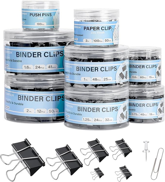 408 PCS Binder Clips Paper Clamps Assorted Sizes and Push Pins, Binding Paperwork Clamp Bulk, School Teachers Office Supplies (Black)