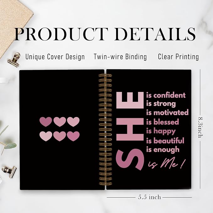She Is Me Inspirational Spiral Notebook, Self Care Journal Notebook, Black Pink Self Love Notebooks for School Work, Positive Affirmations Office Supplies Gifts for Women Girls, 5.5x8.3 Inch
