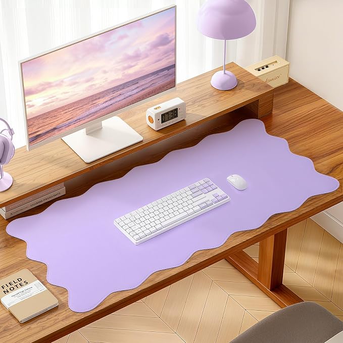 PU Leather Desk Pad, Scalloped Non-Slip Mouse Pad & Large Desk Mat Cover Stitched Edges Writing Pad for Office, Home - Waterproof, Easy to Clean, Durable Surface I 31.4"x15.7", Purple