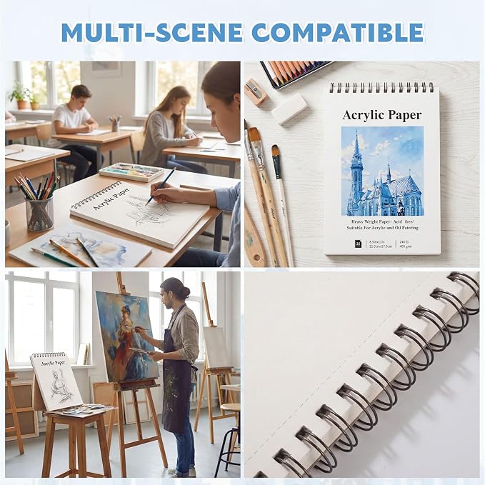 Acrylic Paper Pad 8.5 x 11 in, 25 Sheets, 400Gsm, Top Spiral Bound | Heavy 246Lb Paper, Mixed Media For Acrylic, Oil, Marker & Ink, Perforated Tear-Out Pages, Lays Flat For Class Or Studio