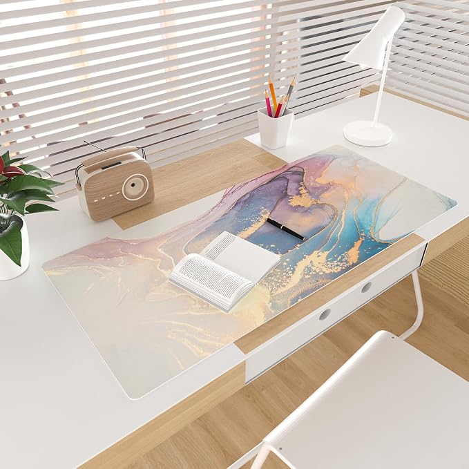 Colorful Star Waterproof Blue Purple Marble Desk Pad, 31.5" x 15.7" | PU Leather Desk Mat Large Keyboard and Gaming Mouse Pads for Office, Non-Slip Writing Pad Desk Accessories for Women Men