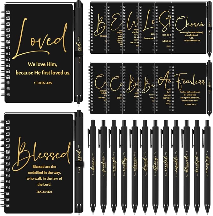 Kosiz 48 Sets Christian Gifts Bulk Christian Notebooks with Pens Inspirational Prayer Journals Bulk A6 Spiral Small Notepads for Women Men Church Members Bible Study Groups (Black)