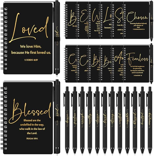 Kosiz 48 Sets Christian Gifts Bulk Christian Notebooks with Pens Inspirational Prayer Journals Bulk A6 Spiral Small Notepads for Women Men Church Members Bible Study Groups (Black)