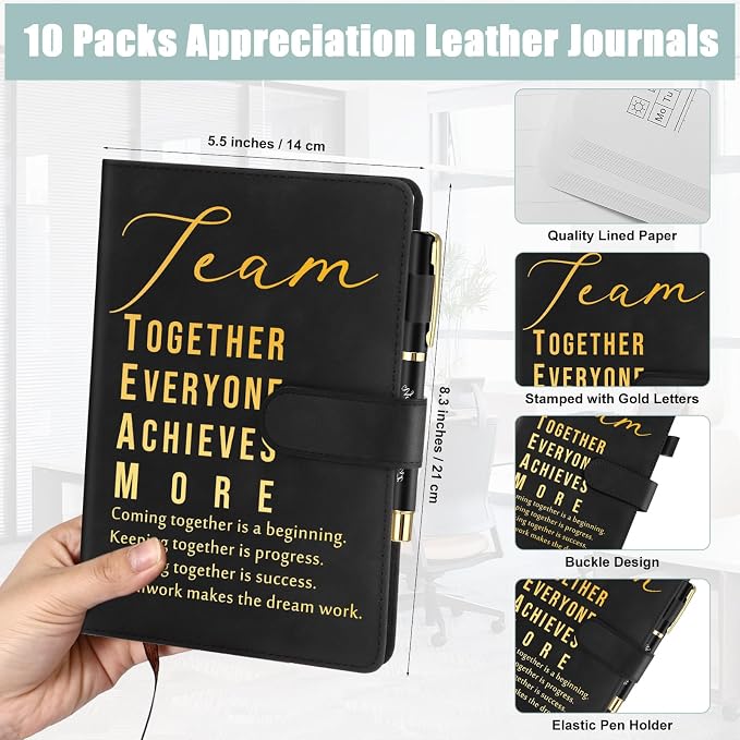 Kosiz 20 Pcs/10 Sets Employee Appreciation Gift Bulk A5 Leather Notebook Inspirational Journal Pen Thank You Gift for Men Women Coworker Teacher Office Back to School(Multicolor,Team)