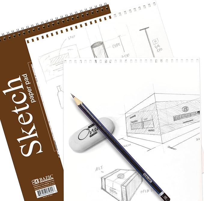 BAZIC Products Spiral Sketch Pad, Top Bound, 9 x 12 in, 30 Sheets, 48-Case | 30-sheet spiral sketch pad, smooth drawing paper for sketching, shading
