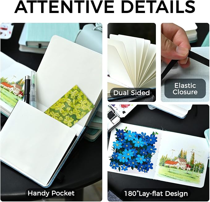 Funto Watercolor Journal, 4.7x4.7, 24 Sheets 100% Cotton Cold Press Paper 300gsm/140lb, Acid-Free Travel Sketchbook for Artists & Adults (Deep Blue)