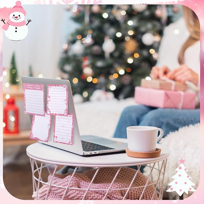 Chiisong 12 Pcs Christmas Sticky Notes Pink Christmas Notepad Santa Snowflake Snowman Self Adhesive Memo Pads Xmas Gift Cute Decorative Notepad Winter Party Favor for Office Winter Holiday Gift