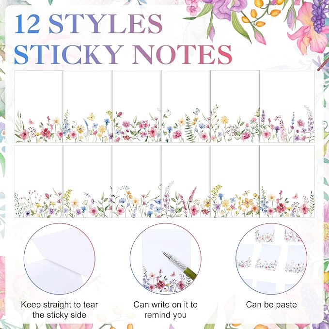 Chiisong 12 Pads Wildflower Sticky Notes Flower Sticky Notes 3 x 4 Inches Floral Notepad Cute Summer Adhesive Memo Reminder Floral Memo Pads Flower Notepads for Women Journal Office Spring Gifts
