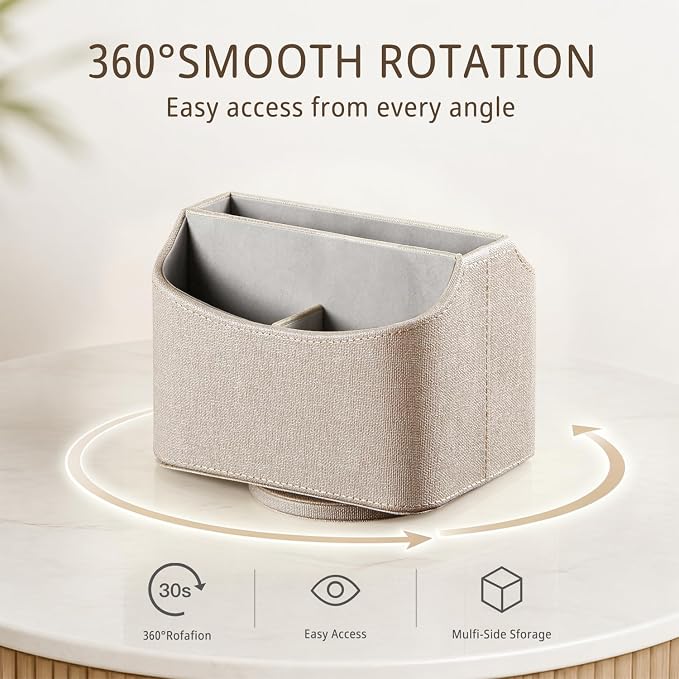 PUSU Leather 360°Rotatable Remote Control Holder,Nightstand TV Remote Caddy | Office Supplies Desktop Organizer,Spinning Storage Box for Pen,Mail,Phone,DVD, Blu-Ray, Media Player,Heater Controllers