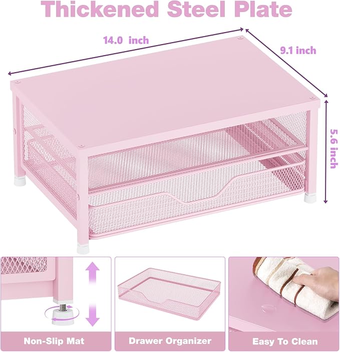 OPNICE Computer Monitor Stand Riser, Desk Organizer with Drawer, Printer & Laptop Stand, Office Desk Accessories & Workspace Desktop Organizers Storage for Office Supplies(Pink)