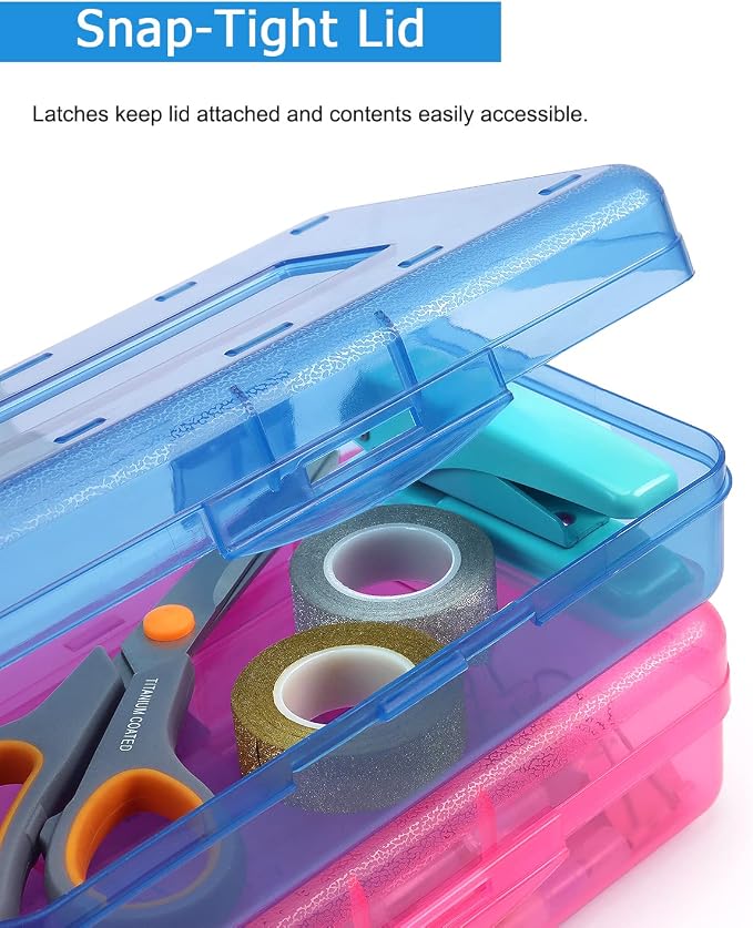 Tamaki 1 Pack Plastic Pencil Box Large Capacity, Blue, Green, Pink | Clear Boxes with Snap-tight Lid Stackable Design and Stylish Office Supplies Storage Organizer