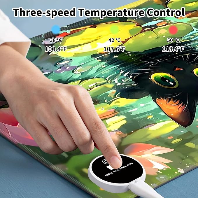 Heated Desk Pad Mouse Pad,Heated Desk Mat,with 3 Heating Levels & 3 Hours Auto Shut-Off,Leather 23.6"*14.2" Gaming Mouse Laptop Mat,Foot Warmer,Cartoon Lotus Cat
