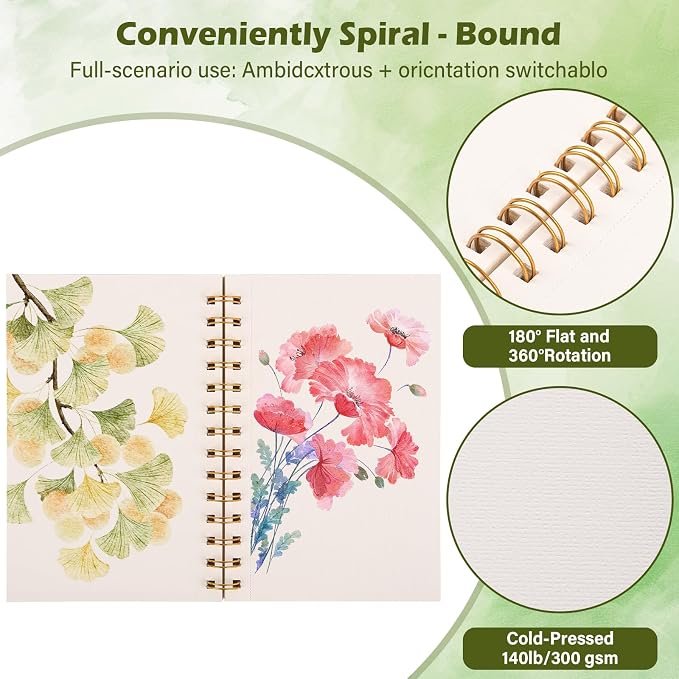 Qlmhudaim 3-Packs 3.5x5.5 Inch Spiral Watercolor Paper Pad 30 Sheets | 140lb No-Bleed Tear Resistant Paper, Tearable Pages for Watercolor & Ink, Compact Travel Sketchbook for Adults & Beginners