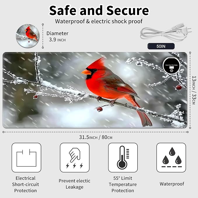 Warm Desk Pad,Heated Desk Pad,Office Mat,3 Heating Levels & 3 Hours Auto Shut-Off,31.5"*13" Gaming Mouse Laptop Keyboard Leather Desk Mat,Red Main Cardinal Bird