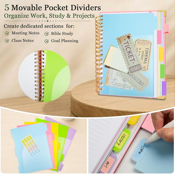 Hardcover Spiral Notebook 8''x 10'' College Ruled Notebook with Magnetic Closure, 300 Pages 5 Subject Notebooks with Pocket Dividers for Work School, B5 Leather Journal for Women, Men (Pink)