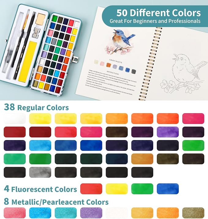 Watercolor Workbook Birds, Water Coloring Book, 12 Different Patterns of Original DIY Designs, 50 Colors Watercolor Paint Set with Palette and Brush, Beginner-Friendly Watercolor Workbooks (Birds)