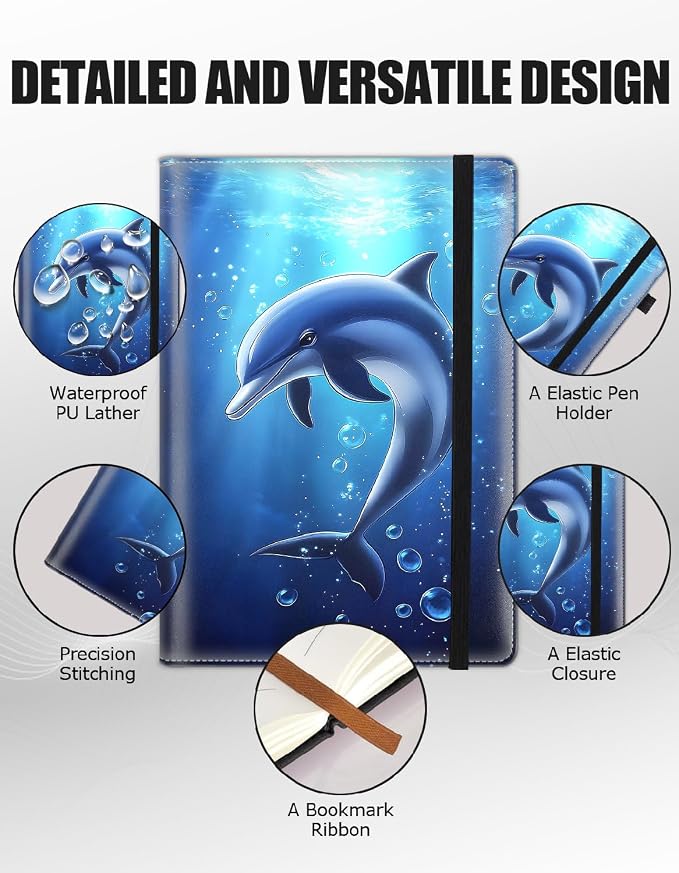 Hardcover Executive Notebooks, A5 PU Leather Lined Journal Notebook, 200 Pages Thick Paper Subject Notebooks for School,Work,Home Writing Business Notebook, Diary Book ，Dolphin