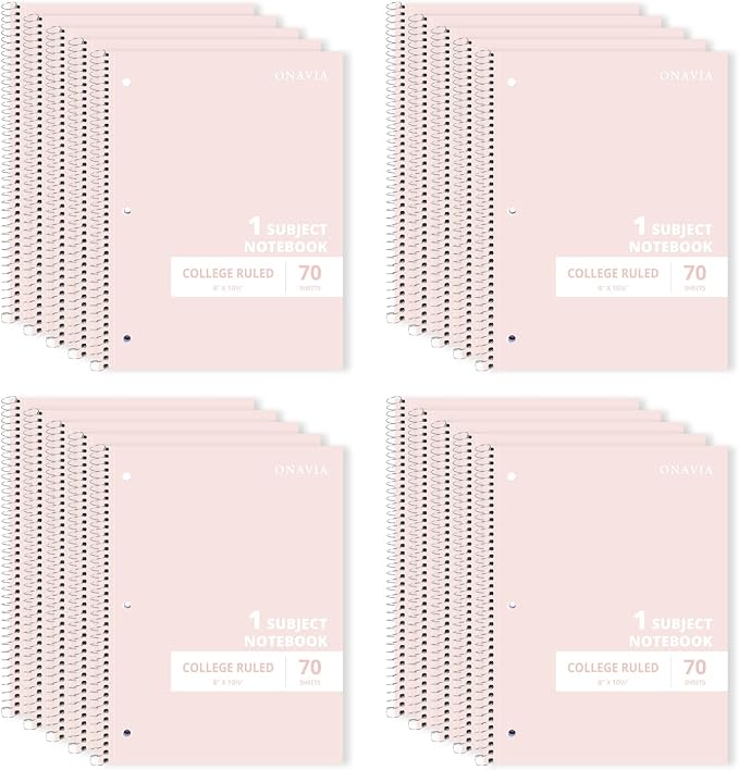 ONAVIA Pink 1 Subject Spiral Notebook College Ruled Bulk, 140 Pages | 70 Sheets, 8 x 10.5 in, 20 Pack School Notebooks, Spiral College Ruled Notebook, Students, Classroom