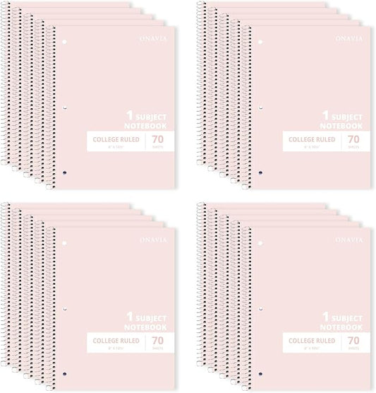 ONAVIA Pink 1 Subject Spiral Notebook College Ruled Bulk, 140 Pages | 70 Sheets, 8 x 10.5 in, 20 Pack School Notebooks, Spiral College Ruled Notebook, Students, Classroom