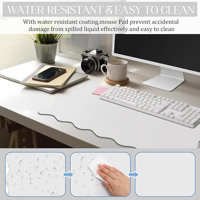 Hahafelt Scalloped Desk Mat Large Desk Pad Cute Coquette Table Mat Back to School Preppy Table Make up Pad Nonslip Graduation Gift with Stitching Waterproof Gaming(White,23.6 x 13.8 Inches)
