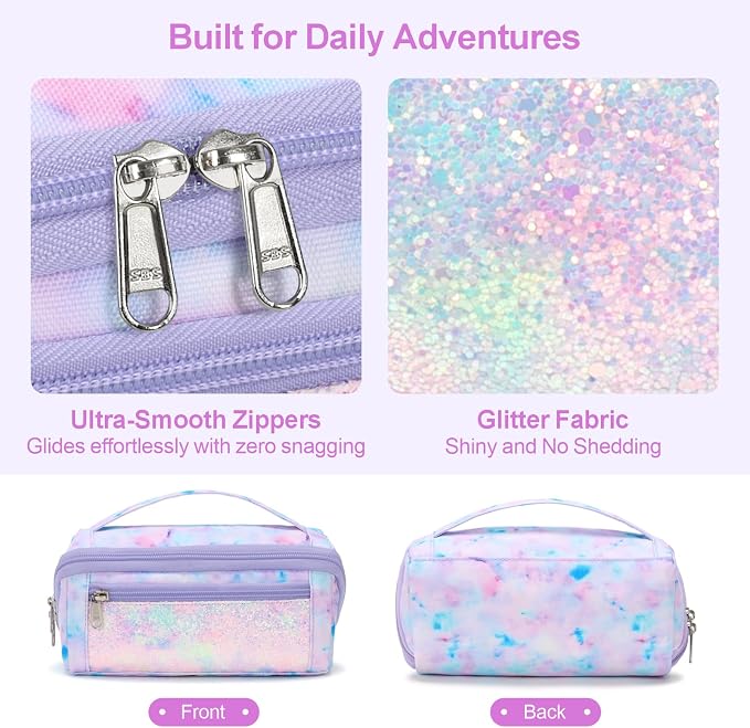 Large Pencil Case for Girls - Aesthetic Pencil Pouch for School | Kids Pencil Case & Wide Handle, Water Resistent Organizer Box, Fits 50 Pens & Markers, Daily Use, Glitter Purple Tie-Die