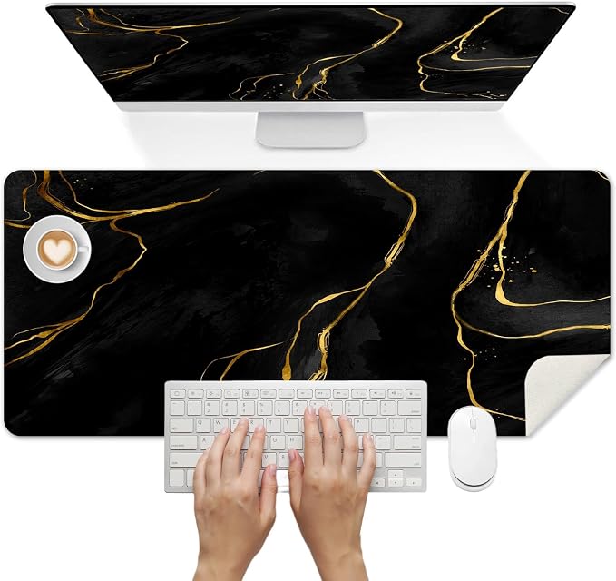 Britimes Black Gold Marble Desk Mat Deak Pad Non-Slip PU Leather Large Keyboard Mouse Pad Office Desktop Accessories for Office,Work,Home Decor(31.5"X15.7")