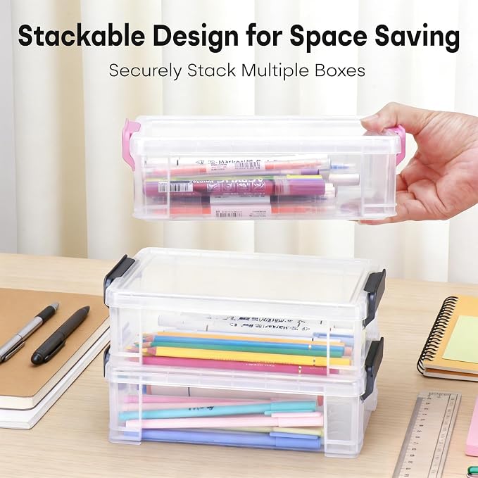Extra Large Clear Pencil Box for Crayons, Markers, Art Supplies, Plastic Hard Pencil Case with Secure Lid, Stackable Hard Storage Organizer Box for Classroom & Office,Large Size(Pink)