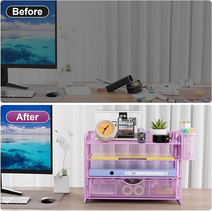 Marbrasse Desk Organizer and Accessories, 4-Tier Paper File Letter Tray Accessories & Workspace Desk Organizers with Drawer and 2 Pen Holders for School Home Office Supplies (Purple) 2Pack