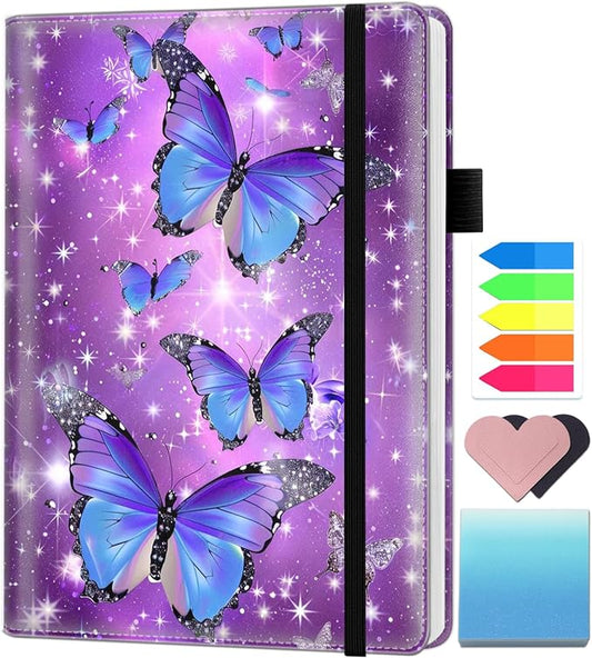 A5 Leather Lined Journal Notebook, 200 Pages Hardcover Executive Notebook for Men Women Office School Note Taking, Thick Writing Paper Daily Journal with Bookmarks/Indexes, Blue Butterfly Purple