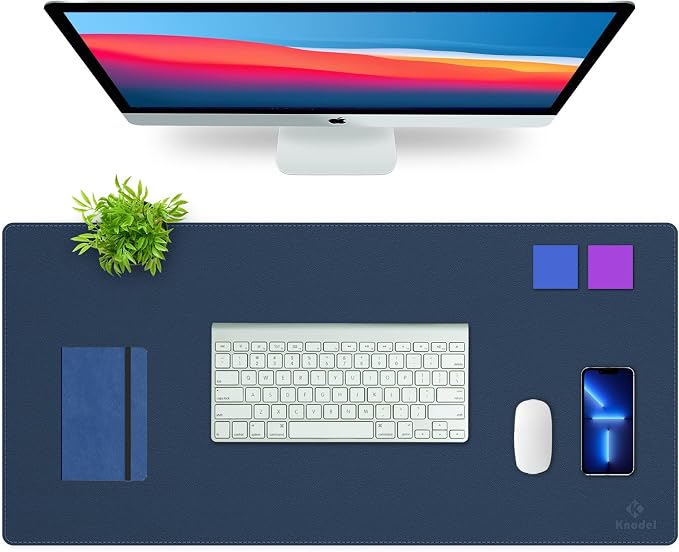 K KNODEL Large Sewing Leather Desk Mat, Desk Pad (Dark Blue, 35.4" x 17") | Mouse and Keyboard Pad, PVC Computer and Laptop Mat, Desktop Protector and Cover, Writing Pad and Blotter for Home Office