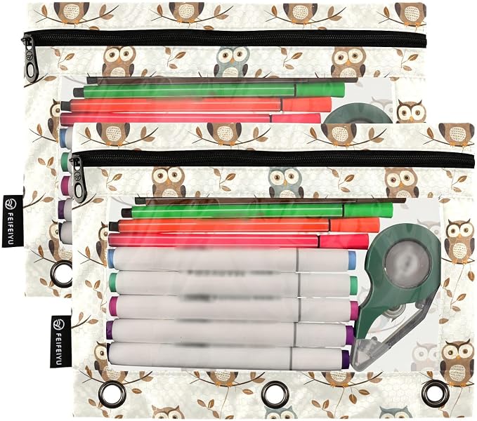 Owl Forest Little Animal Pencil Pouch for 3 Ring Binder 2 Pack Zipper Binder Pencil Bag Case with Clear Window Office Supplies