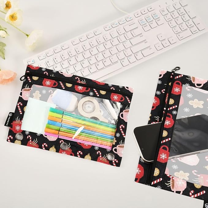 Christmas Snowflakes Pencil Pouches for 3 Ring Binder, Zipper Binder Pencil Case, 2 Pack Clear Window Case Bag for Office Organizers