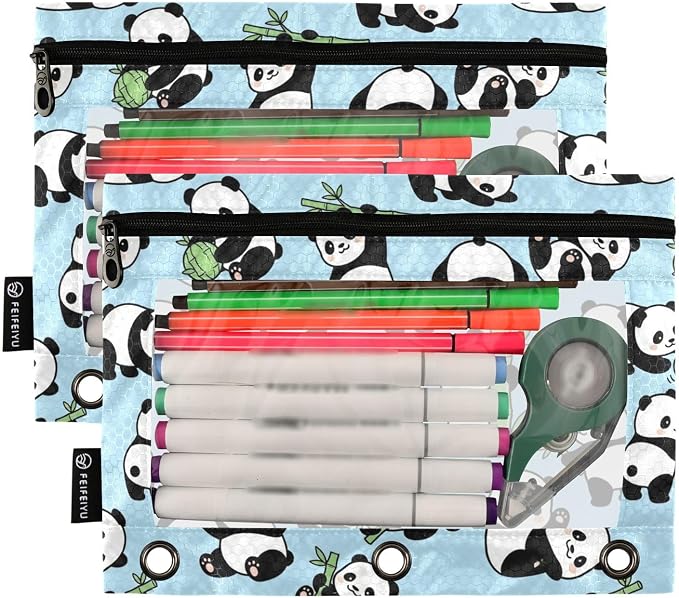 ALAZA Pencil Pouch for 3 Ring Binder, Panda Bamboo Cute Binder Pencil Pouches with Clear Window Zipper Pencil Case Cosmetic Bags for Office College Supplies, 2PCS