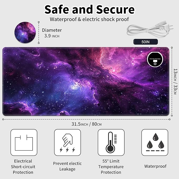 Warm Desk Pad,Heated Desk Pad,Office Mat,3 Heating Levels & 3 Hours Auto Shut-Off,31.5"*13" Gaming Mouse Laptop Keyboard Leather Desk Mat,Purple Galaxy Glliter