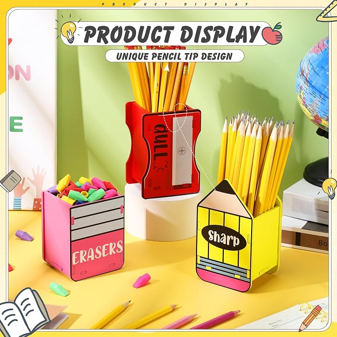 AmazingSpark 3 Pcs Pencil Shaped Holder Sharp and Eraser and Dull Holder Wooden Dispenser Pencil Storage Organizer for Back to School Management Organization (Bright,Dull)